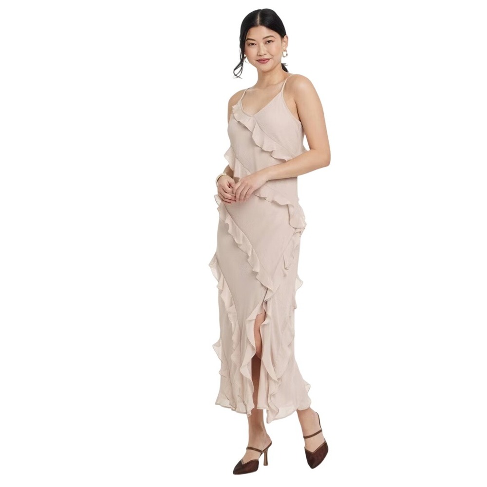 A New Day Women Tan Ruffle V Neck Woven Spaghetti Straps Maxi Slip Dress Size XL